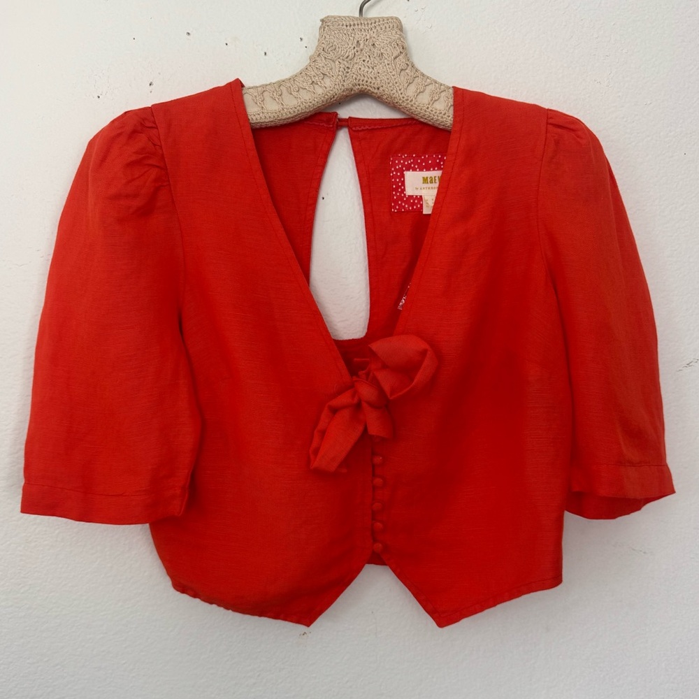 NWT MAEVE ANTHROPOLOGIE Coral Short Sleeve Linen Tie Front Crop Top Size 4 NWT - Picture 3 of 13